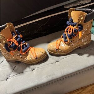 Timberland Tan and Blue Men's Boots with Orange Accents